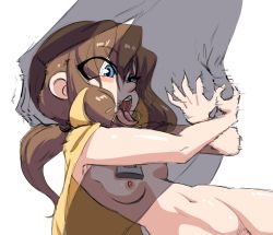 Rule 34 | 1boy, 1girl, a hat in time, aged up, arched back, bad id, bad pixiv id, blue eyes, blush stickers, breasts, brown hair, cape, deepthroat, fellatio, female pubic hair, hat kid, irrumatio, medium breasts, naked cape, navel, nipples, open mouth, oral, ponytail, pubic hair, see-through silhouette, simple background, sketch, solo focus, spicy bardo, teeth, tongue, tongue out, upper body, upper teeth only, white background