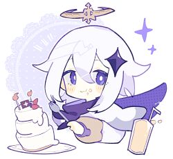 Rule 34 | 1girl, blush, bright pupils, cake, candle, chibi, cropped torso, cup, doily, drinking straw, food, food on face, fork, genshin impact, grey hair, hair between eyes, halo, hatsushiro mamimu, holding, holding fork, long sleeves, looking at viewer, medium hair, paimon (genshin impact), shirt, solo, sparkle, upper body, wavy mouth, white background, white pupils, white shirt