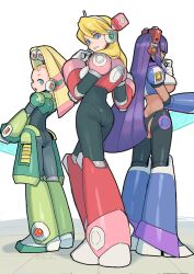 Rule 34 | 3girls, alia (mega man), android, armor, ass, black bodysuit, blonde hair, blue eyes, bodysuit, breasts, commentary request, dark-skinned female, dark skin, from behind, full body, gloves, goggles, goggles on head, hair between eyes, hand up, headset, highres, joints, kakikuyeko3181, layer (mega man), long hair, looking at viewer, looking back, medium breasts, mega man (series), mega man x8, mega man x (series), multiple girls, open mouth, pallette (mega man), parted lips, purple eyes, robot ears, robot joints, simple background, skin tight, smile