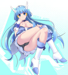 Rule 34 | 10s, 1girl, aoki reika, aqua background, ass, black panties, blue eyes, blue hair, blue theme, boots, breasts, character name, cure beauty, eyelashes, kakogawa tarou, knee boots, long hair, medium breasts, nipples, open clothes, panties, precure, smile, smile precure!, solo, underwear