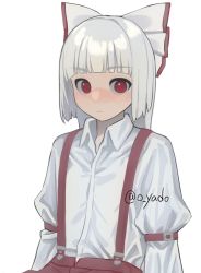 Rule 34 | 1girl, artist name, bad id, bad twitter id, blunt bangs, blush, bow, expressionless, flat chest, fujiwara no mokou, hair bow, highres, juliet sleeves, long hair, long sleeves, looking at viewer, nose blush, pants, puffy sleeves, red bow, red eyes, red pants, shirt, silver hair, simple background, solo, suspenders, touhou, upper body, white background, white bow, white shirt, wing collar, yadoyuki