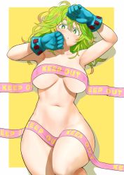 Rule 34 | 1girl, absurdres, anagumasan, blue gloves, blush, boku no hero academia, breasts, caution tape, convenient censoring, gloves, green eyes, green hair, hagakure tooru, highres, keep out, large breasts, long hair, looking at viewer, messy hair, navel, nude, parted lips, solo, thick eyelashes, thighs, unusually visible