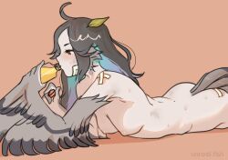 Rule 34 | 1girl, absurdres, ahoge, animal ears, ass, bandage on face, bandages, bandaid, bandaid on shoulder, bird ears, bird tail, black hair, blush, borrowed character, bottle, breasts, commentary, drinking, english commentary, ev v1l, harpy, highres, holding, holding bottle, leaf, leaf on head, lying, messy hair, monster girl, nipples, nude, on stomach, orange eyes, original, small breasts, solo, tail, winged arms, wings
