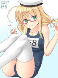 Rule 34 | 10s, 1girl, blonde hair, blue eyes, breasts, glasses, hanazome dotera, i-8 (kancolle), kantai collection, large breasts, long hair, one-piece swimsuit, school swimsuit, smile, solo, swimsuit, thighhighs, twintails, white thighhighs