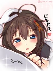 Rule 34 | 1boy, 1girl, admiral (kancolle), ahoge, black gloves, black serafuku, blue eyes, blush, braid, brown hair, commentary, fingerless gloves, gloves, hair flaps, hair ornament, hair over shoulder, hairclip, half-closed eyes, heart, kantai collection, looking at viewer, open mouth, headpat, remodel (kantai collection), school uniform, serafuku, shigure (kancolle), shirt, simple background, single braid, solo focus, sou (soutennkouchi), sparkle, translated, twitter username, white gloves, white shirt