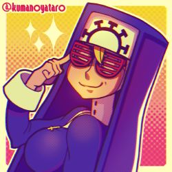 Rule 34 | 1girl, adjusting eyewear, blonde hair, double (skullgirls), closed eyes, from side, hand up, highres, kumanoyataro, looking at viewer, nun, red background, shutter shades, skullgirls, smile, solo, sparkle, sunglasses, upper body
