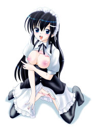 Rule 34 | 1girl, :d, black hair, blue eyes, blush, breasts, breasts out, female focus, kneeling, kugami annin, large breasts, long hair, looking at viewer, maid, maid headdress, nipples, open mouth, original, panties, panty pull, puffy sleeves, simple background, smile, solo, thighhighs, underwear