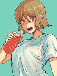 Rule 34 | 1girl, :d, arched back, arm at side, blush, bottle, breasts, brown hair, commentary request, drink, food, food on face, green background, hair between eyes, hand up, highres, holding, holding bottle, holding drink, looking at viewer, medium breasts, nose blush, open mouth, original, plastic bottle, red eyes, shirt, short hair, short sleeves, simple background, smile, solo, stain, sugita magari, t-shirt, teeth, upper body, upper teeth only, white shirt