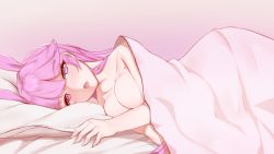 Rule 34 | 1girl, animal ears, bed, bed sheet, blush, breasts, commentary request, fox ears, gradient background, hair flaps, highres, honkai (series), honkai impact 3rd, large breasts, long hair, looking at viewer, lying, nose blush, on bed, on side, open mouth, panties, pillow, pink background, pink eyes, pink hair, pink panties, pink theme, see-through, skindentation, solo, tiankong pie ai, topless, underwear, very long hair, yae sakura