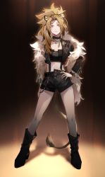 Rule 34 | 1girl, animal ears, arknights, black choker, black footwear, black jacket, black shorts, blonde hair, boots, brown eyes, choker, closed mouth, commentary, earrings, english commentary, full body, gemi 25, hand on own hip, highres, hoop earrings, jacket, jewelry, lion ears, lion girl, lion tail, long hair, looking at viewer, nail polish, shorts, siege (arknights), smile, solo, sparkle, tail, thighhighs, yellow nails