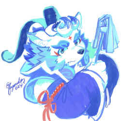Rule 34 | 1boy, agyo (housamo), blue eyes, blue theme, closed mouth, detached sleeves, duster, eyeliner, fang, furry, furry male, fuyodo, hand up, hat, holding, holding duster, japanese clothes, komainu boy, komainu ears, long sideburns, looking at viewer, male focus, red eyeliner, sideburns, simple background, solo, thick eyebrows, tokyo houkago summoners, twitter username, upper body, white background, white fur