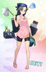 Rule 34 | 10s, 1girl, apron, bare arms, bike shorts, black hair, blue eyes, blush, bucket, bucket of water, cannon, cleaning, collarbone, duster, fairy (kancolle), hat, honeycomb background, honeycomb pattern, kantai collection, kuroshio (kancolle), nearly naked apron, solo, squiggle, taketora suzume