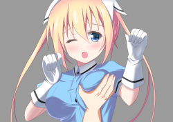 Rule 34 | 1girl, blend s, blonde hair, blue eyes, blue shirt, blush, grabbing another&#039;s breast, breasts, gloves, grabbing, grey background, head scarf, hinata kaho, long hair, medium breasts, nanashi ren, one eye closed, open mouth, shirt, short sleeves, stile uniform, twintails, upper body, very long hair, waitress, white gloves