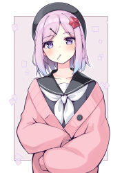 Rule 34 | 1girl, beret, black hat, black sailor collar, black shirt, blue hair, blush, brown background, cardigan, character request, collarbone, commentary request, gradient hair, hair ornament, hairclip, hat, highres, long sleeves, looking at viewer, mahoutsukai rose no sado life, mouth hold, multicolored hair, neckerchief, ominaeshi (takenoko), pink cardigan, pink hair, puffy long sleeves, puffy sleeves, purple eyes, sailor collar, shirt, sleeves past fingers, sleeves past wrists, solo, star (symbol), star hair ornament, swept bangs, two-tone background, white background, white neckerchief