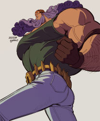 Rule 34 | 1boy, alternate pectoral size, arm hair, armband, ass, bara, bare shoulders, beard, brown gloves, camisole, dated, facial hair, fighting stance, from behind, gloves, highres, jesus burgess, large pectorals, long beard, long hair, looking at viewer, male focus, mask, muscular, muscular male, one piece, pants, parted lips, pectorals, pocket, purple hair, sidepec, small head, solo, twisted torso, twitter username, wrestling mask, youkan (tako)