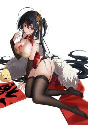 Rule 34 | 1girl, absurdres, ahoge, awwwwys, azur lane, bare shoulders, between breasts, black hair, breasts, bridal gauntlets, calligraphy, calligraphy brush, china dress, chinese clothes, chinese new year, cleavage, cleavage cutout, clothing cutout, crossed bangs, dress, fishnets, garter belt, hair ornament, highres, holding, holding brush, holding calligraphy brush, holding paintbrush, hongbao, huge breasts, ink, lace, lace-trimmed thighhighs, large breasts, long hair, manjuu (azur lane), no shoes, official alternate costume, one side up, paintbrush, pelvic curtain, red dress, sleeveless, sleeveless dress, taihou (azur lane), taihou (phoenix&#039;s spring song) (azur lane), thighhighs, white background