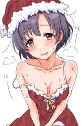 Rule 34 | 1girl, absurdres, bare shoulders, bell, black hair, blush, breasts, brown eyes, cleavage, collarbone, dot nose, dress, fur-trimmed dress, fur trim, hat, heavy breathing, highres, idolmaster, idolmaster cinderella girls, idolmaster cinderella girls starlight stage, jingle bell, looking at viewer, mariabowl, open mouth, red dress, santa hat, shiragiku hotaru, short hair, shy, simple background, sleeveless, sleeveless dress, small breasts, solo, strap slip, sweat, upper body, v arms, wavy mouth, white background
