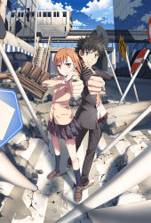 Rule 34 | 1boy, 1girl, aiming, aiming at viewer, baakurou, black hair, blazer, brown footwear, brown hair, cloud, coin, couple, crosswalk, damaged, destruction, foreshortening, full body, grin, ground shatter, hetero, highres, holding, holding coin, jacket, kamijou touma, loafers, looking at viewer, looking to the side, miniskirt, misaka mikoto, no entry sign, outdoors, outstretched arm, plaid, plaid skirt, pleated skirt, reflection, road, road sign, school uniform, shoes, short hair, sign, skirt, sky, smile, socks, spiked hair, standing, street, toaru kagaku no railgun, toaru majutsu no index, tokiwadai school uniform, traffic light, train