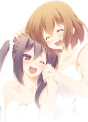 Rule 34 | 2girls, :d, bare shoulders, black hair, blush, brown eyes, brown hair, camisole, closed eyes, female focus, halterneck, hand on another&#039;s head, highres, hirasawa yui, holding hands, hoppege, k-on!, long hair, multiple girls, nakano azusa, one eye closed, open mouth, round teeth, smile, teeth, twintails, wink, yuri