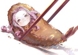 Rule 34 | 1boy, blue eyes, blush, chopsticks, colored skin, crumbs, curly hair, cuso4 suiwabutu, fate/grand order, fate (series), food, foodification, highres, holding, holding chopsticks, in food, light particles, light rays, light smile, looking at viewer, male focus, mephistopheles (fate), multicolored eyes, pov, purple eyes, purple hair, shrimp, shrimp tempura, simple background, solo, tempura, thick eyebrows, white background, white skin, aged down