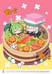 Rule 34 | 2girls, :t, absurdres, black dress, black jacket, blush, braid, breasts, calendar (medium), closed eyes, closed mouth, dango, dress, eating, food, food on face, food on head, food request, green hair, green skirt, grey hair, highres, hishimochi, holding another&#039;s wrist, in food, jacket, kizuna akari, large breasts, long hair, long sleeves, milkpanda, mini person, minigirl, multiple girls, object on head, open clothes, open jacket, pink background, puffy long sleeves, puffy sleeves, sanshoku dango, skirt, sweat, translation request, two-tone background, very long hair, voiceroid, wagashi, wavy mouth, yellow background, zundamon