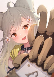Rule 34 | 1girl, :d, ahoge, animal ear fluff, animal ears, black collar, brown eyes, claw (weapon), collar, commentary request, erune, flower, granblue fantasy, grey hair, hair flower, hair ornament, hands up, head tilt, highres, hood, hood down, long hair, looking at viewer, open mouth, sen (granblue fantasy), smile, solo, uneg, upper body, weapon, white flower