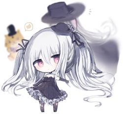 Rule 34 | 1girl, bad id, bad pixiv id, bare shoulders, black choker, black dress, black gloves, black headwear, black ribbon, black thighhighs, blush, chibi, choker, closed mouth, cottontailtokki, dress, elbow gloves, frilled dress, frills, full body, gloves, granblue fantasy, hair between eyes, hair ribbon, hat, head tilt, highres, lloyd (granblue fantasy), long hair, looking at viewer, mini hat, orchis, red eyes, ribbon, shingeki no bahamut, silver hair, simple background, standing, strapless, strapless dress, thighhighs, tilted headwear, torn clothes, torn legwear, twintails, very long hair, white background