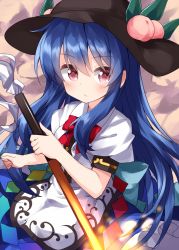 Rule 34 | 1girl, :/, black hat, blue hair, blue skirt, blush, bow, bowtie, closed mouth, food, fruit, hair between eyes, hat, highres, hinanawi tenshi, holding, holding weapon, leaf, long hair, looking at viewer, peach, puffy short sleeves, puffy sleeves, red bow, red eyes, ruu (tksymkw), shirt, short sleeves, skirt, solo, sword of hisou, touhou, very long hair, weapon, white shirt