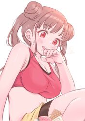 Rule 34 | 1girl, bare shoulders, bike shorts, blush, breasts, brown hair, collarbone, dot nose, double bun, food, hair bun, hand on own face, hand up, ice cream, idolmaster, idolmaster shiny colors, large breasts, long hair, looking at another, midriff, open mouth, red eyes, red sports bra, saliva, shorts, simple background, sitting, smile, solo, sonoda chiyoko, sports bra, sundae, sweatdrop, tomamatto, twintails, white background, yellow shorts