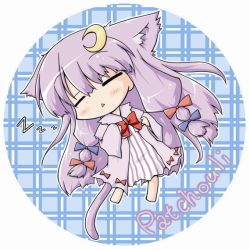 Rule 34 | 1girl, = =, animal ears, blue bow, bow, cat ears, cat girl, cat tail, character name, chibi, crescent, crescent hair ornament, female focus, hair bow, hair ornament, hair ribbon, kemonomimi mode, moon, neko yume, patchouli knowledge, purple hair, red bow, ribbon, sleeping, solo, tail, touhou, tress ribbon, zzz