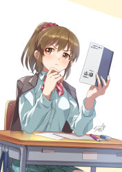 Rule 34 | 1girl, blush, book, bow, bowtie, breasts, brown eyes, brown hair, brown jacket, chair, closed mouth, desk, elbows on table, eraser, green skirt, hair ornament, hair scrunchie, hand on own chin, high ponytail, holding, holding book, hori yuko, idolmaster, idolmaster cinderella girls, idolmaster cinderella girls starlight stage, jacket, jacket on shoulders, long hair, long sleeves, looking to the side, math, medium breasts, miniskirt, on chair, paper, pen, plaid, plaid skirt, pleated skirt, ponytail, red bow, red bowtie, red scrunchie, school chair, school desk, school uniform, scrunchie, shirt, signature, skirt, solo, striped bow, striped bowtie, striped clothes, textbook, two-tone background, tyuga, v-shaped eyebrows, white shirt