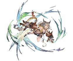 Rule 34 | 1girl, alpha transparency, animal ears, arm strap, bare legs, bare shoulders, blush, boots, breasts, brown eyes, brown skirt, cat, claw (weapon), claws, collar, erune, fang, fangs, flower, full body, gloves, granblue fantasy, grey hair, hair between eyes, hair flower, hair ornament, hood, hood down, long hair, medium breasts, minaba hideo, miniskirt, official art, one eye closed, open mouth, sen (granblue fantasy), skirt, sleeveless, smile, solo, transparent background, weapon, white flower