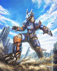 Rule 34 | blue eyes, blue sky, cityscape, contrapposto, earth garon, highres, mecha focus, mechanical arms, no humans, open hands, open mouth, outstretched arms, robot, robuja, sky, spread arms, stomping, tail, ultra series, ultraman blazar (series)