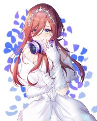 Rule 34 | 1girl, absurdres, bare shoulders, blue eyes, blue petals, breasts, bride, brown hair, chise (cym23730), cleavage, closed mouth, dress, elbow gloves, falling petals, gloves, go-toubun no hanayome, hair between eyes, hair ornament, headphones, headphones around neck, highres, large breasts, long hair, looking at viewer, nakano miku, petals, smile, w, wedding dress, white gloves