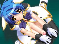 Rule 34 | 00s, 1futa, animal ears, bad hands, black thighhighs, blue hair, blush, censored, coat, erection, futanari, galaxy angel, gloves, large penis, looking at viewer, mint blancmanche, mosaic censoring, naked coat, penis, precum, puffy sleeves, short hair, simple background, sitting, smile, solo, thighhighs, uniform, wariza, yellow eyes
