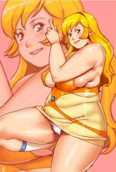 Rule 34 | 1girl, bare shoulders, blonde hair, blue eyes, blush, breasts, cutie honey, fat, ganto, kisaragi honey, large breasts, long hair, panties, parted lips, plump, sideboob, simple background, smile, socks, solo, thick thighs, thighs, toei animation, underwear, zoom layer