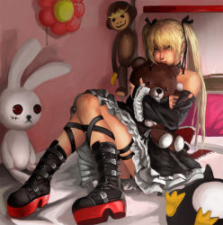 Rule 34 | 1girl, :t, au11, bad id, bad pixiv id, bare shoulders, bed, belt boots, bird, blonde hair, boots, rabbit, choker, dead or alive, dead or alive 5, hugging doll, gothic lolita, hair ribbon, highres, lolita fashion, marie rose, monkey, hugging object, penguin, platform footwear, ribbon, solo, stuffed animal, stuffed toy, teddy bear, thigh strap, twintails, yellow eyes