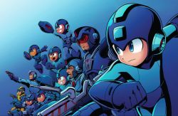 Rule 34 | 6+boys, abs, aiming, android, arm cannon, armor, belt, belt buckle, blue background, blue bodysuit, blue eyes, blue theme, bodysuit, buckle, capcom, clenched hand, clenched hands, clenched teeth, closed mouth, energy gun, fighting stance, from side, gradient background, gun, handgun, helmet, highres, holding, holding gun, holding weapon, jumping, legs apart, looking away, male focus, mega man (character), mega man (classic), mega man (series), mega man 1, mega man 10, mega man 11, mega man 2, mega man 3, mega man 4, mega man 5, mega man 6, mega man 7, mega man 8, mega man 9, multiple boys, multiple persona, official art, open mouth, outstretched arm, ray gun, serious, smile, smirk, squatting, standing, teeth, thick eyebrows, v-shaped eyebrows, visor, weapon