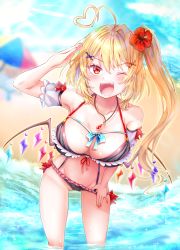 Rule 34 | 1girl, absurdres, ahoge, alternate breast size, alternate costume, bare shoulders, beach, bikini, bikini pull, black bikini, blonde hair, blue bow, blush, bow, bow bikini, breasts, cleavage, clothes pull, collarbone, commentary request, crystal, crystal wings, detached sleeves, fangs, flandre scarlet, flower, flower on head, frilled bikini, frills, front-tie bikini top, front-tie top, hair ornament, hairpin, hand on own head, hand on own thigh, happy, highres, huge filesize, jewelry, large breasts, leaning forward, looking at viewer, navel, necklace, no headwear, no headwear, ocean, aged up, one eye closed, open mouth, outdoors, puffy short sleeves, puffy sleeves, pulled by self, red bow, red eyes, red ribbon, ribbon, sakuramiya nya, short hair, short sleeves, side-tie bikini bottom, side ponytail, smile, solo, sunlight, swimsuit, touhou, wading, water drop, wet, white sleeves, wings
