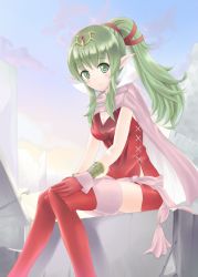 Rule 34 | 1girl, aged up, blush, boots, bracelet, breasts, cape, cleavage, dress, fire emblem, fire emblem awakening, gloves, green eyes, green hair, hair ornament, hair ribbon, jewelry, light blush, light smile, long hair, looking at viewer, medium breasts, nintendo, ogata (kitunetoishi), pink cape, pointy ears, ponytail, red dress, red footwear, red gloves, ribbon, sash, short dress, sitting, smile, solo, thigh boots, thighhighs, tiki (adult) (fire emblem), tiki (fire emblem)