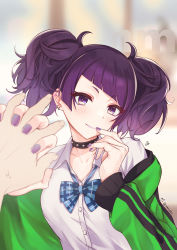 Rule 34 | 1girl, absurdres, blue neckwear, blush, bow, bowtie, commentary request, diagonal bangs, dress shirt, earrings, finger to mouth, green jacket, head tilt, highres, holding hands, idolmaster, idolmaster shiny colors, jacket, jewelry, lipstick, looking at viewer, loose bowtie, makeup, multiple earrings, nail polish, off-shoulder jacket, off shoulder, open clothes, open jacket, plaid neckwear, pov, pov hands, purple eyes, purple hair, purple lips, purple nails, shirt, short hair, short twintails, sienekko, smile, solo focus, striped clothes, striped jacket, studded choker, tanaka mamimi, twintails, upper body, white shirt