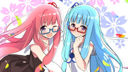 Rule 34 | 2girls, ;d, absurdres, bespectacled, blue-framed eyewear, blue hair, blue ribbon, blush, brown dress, closed mouth, dress, floral background, glasses, hair ribbon, hand up, highres, kotonoha akane, kotonoha aoi, long hair, looking at viewer, multiple girls, one eye closed, one side up, open mouth, partner (kprtnr), purple eyes, red-framed eyewear, red hair, red ribbon, ribbon, semi-rimless eyewear, siblings, sidelocks, sisters, sketch, sleeveless, sleeveless dress, smile, tears, under-rim eyewear, very long hair, voiceroid, white background, white dress
