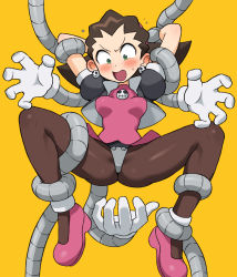 Rule 34 | 1girl, arm grab, armor, arms up, bikini armor, black jacket, blush, breasts, brown hair, earrings, green eyes, hands up, highres, jacket, jewelry, mega man (series), mega man legends (series), noumiso, open clothes, open jacket, open mouth, pantyhose, pink footwear, pink shirt, puffy short sleeves, puffy sleeves, restrained, shirt, shoes, short sleeves, skull earrings, small breasts, solo, spread legs, suspension, tentacles, tron bonne (mega man), twintails, wide-eyed