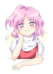Rule 34 | 1girl, blush, grin, hand on own cheek, hand on own face, hand up, looking at viewer, nonamejd, official style, parted bangs, pink eyes, pink hair, sara (touhou), short hair, smile, solo, teeth, touhou, touhou (pc-98), zun (style)