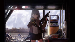 Rule 34 | 1girl, bad id, bad pixiv id, belt, black gloves, box, cityscape, cloud, fingerless gloves, gloves, green eyes, grey hair, gun, highres, holding, holding gun, holding weapon, ihobus, jacket, long hair, pleated skirt, rifle, skirt, smile, solo, tom clancy&#039;s the division, trash, weapon