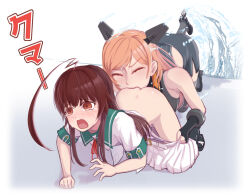 Rule 34 | 2girls, ahoge, all fours, biting, black one-piece swimsuit, brown eyes, brown hair, canoka, closed eyes, clothes pull, crying, crying with eyes open, green sailor collar, grey skirt, headgear, highres, huge ahoge, kantai collection, kuma (kancolle), kuma kai ni (kancolle), long hair, multiple girls, one-piece swimsuit, orange hair, panties, panty pull, pun, sailor collar, salmon (kancolle), school uniform, serafuku, short sleeves, skirt, skirt pull, swimsuit, tears, two-tone swimsuit, underwear