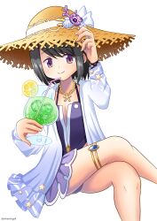 Rule 34 | 1girl, absurdres, bare legs, black hair, hat, highres, kuroe (madoka magica), looking at viewer, magia record: mahou shoujo madoka magica gaiden, mahou shoujo madoka magica, purple eyes, silverlining, simple background, smile, solo, sun hat, swimsuit