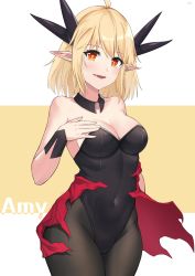 Rule 34 | 1girl, absurdres, ahoge, bare shoulders, black leotard, black pantyhose, blonde hair, blush, breasts, character name, cleavage, closed mouth, collarbone, covered navel, cowboy shot, detached collar, elf, fang, fang out, hair ornament, highleg, highleg leotard, highres, leotard, looking at viewer, medium breasts, orange eyes, original, pantyhose, playboy bunny, pointy ears, revision, short hair, smile, solo, strapless, strapless leotard, torn clothes, two-tone background, wrist cuffs, ying jing meng