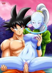 Rule 34 | 10s, 1boy, 1girl, artist name, black eyes, black hair, blue skin, bottomless, grabbing another&#039;s breast, breasts, cheating (relationship), colored skin, cum, cum in pussy, dragon ball, dragon ball super, dragonball z, eye contact, grabbing, hetero, long hair, looking at another, nipples, nude, sex, son goku, spiked hair, tied up hair, uncensored, vados (dragon ball), vaginal, white hair