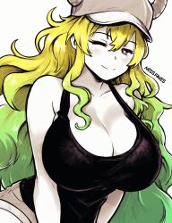 Rule 34 | 1girl, armpit crease, artist name, bare shoulders, baseball cap, black eyes, blonde hair, breasts, bright pupils, cleavage, closed mouth, commentary, double-parted bangs, eyelashes, gradient hair, green hair, hair between eyes, hat, highres, horns, huge breasts, kobayashi-san chi no maidragon, long hair, lucoa (maidragon), miss faves, multicolored hair, one eye closed, simple background, smile, solo, twitter username, two-tone hair, white background, white hat